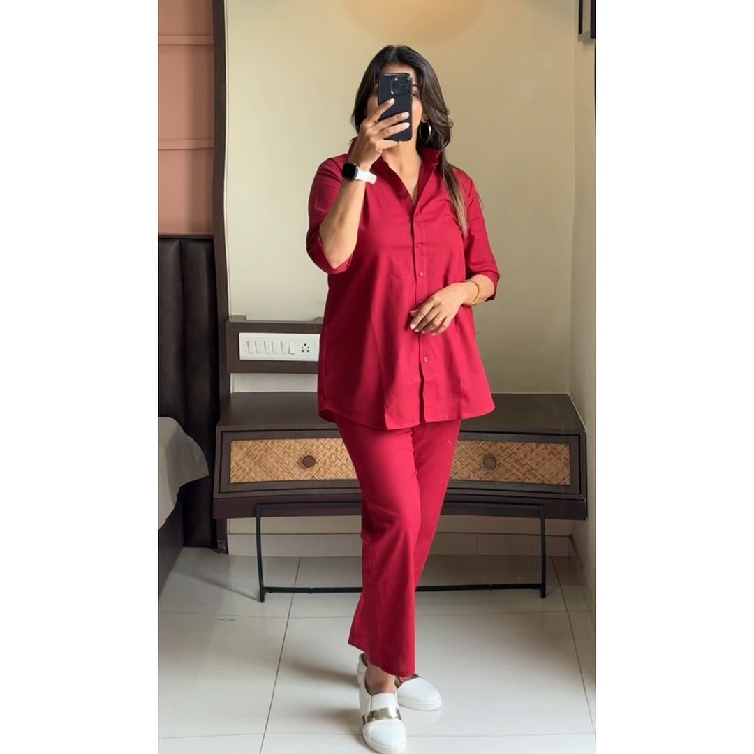 Maroon Cotton Slub Co-Ord Set with Tunic Top